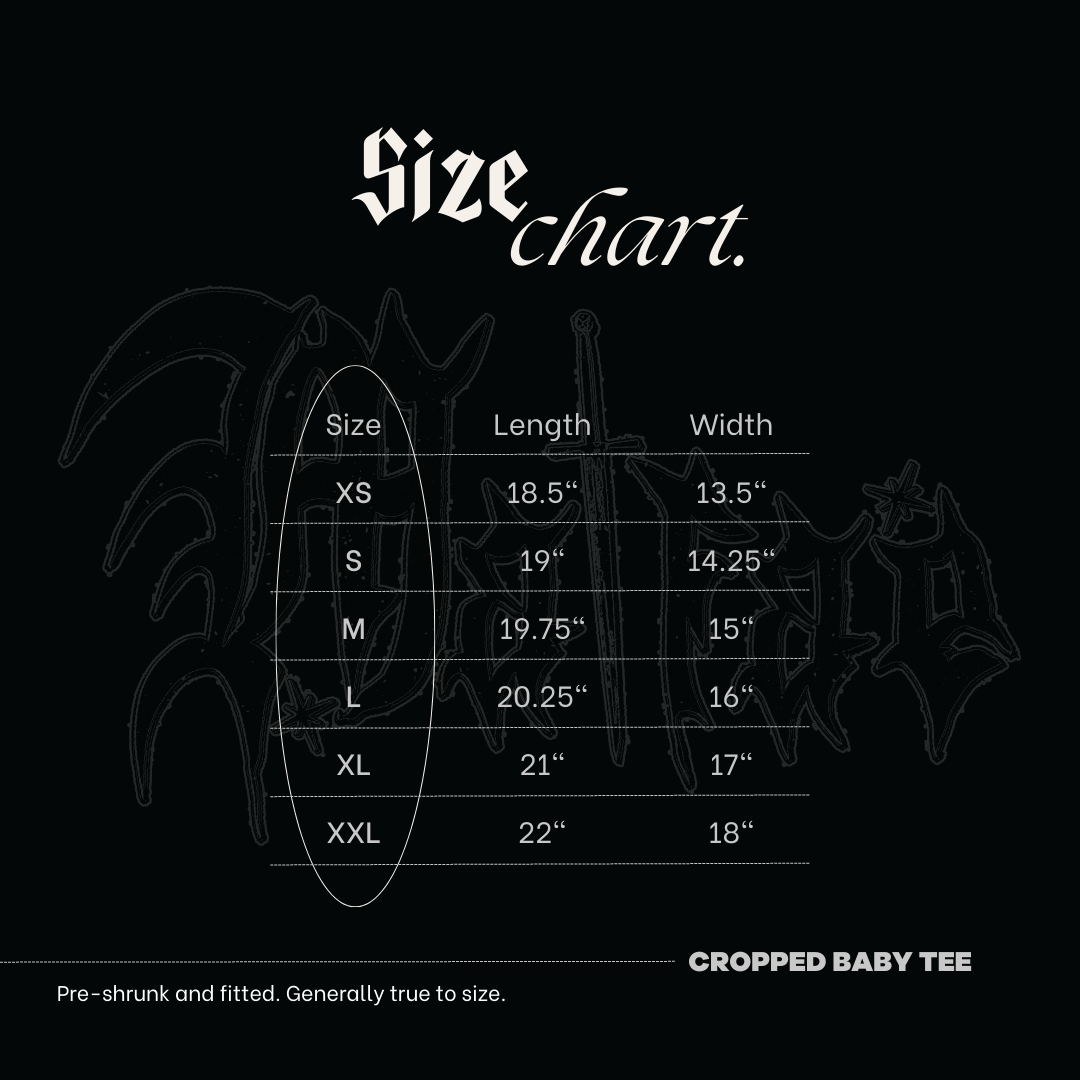 The image is a size chart for a cropped baby tee, which is generally true to size.