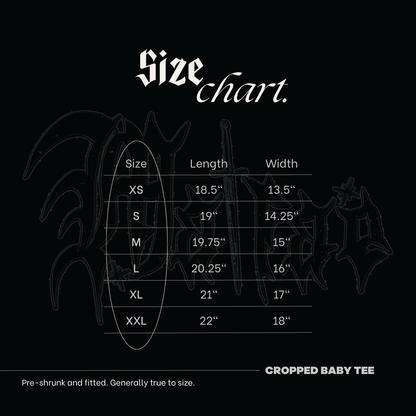 The image is a size chart for a cropped baby tee, which is generally true to size.
