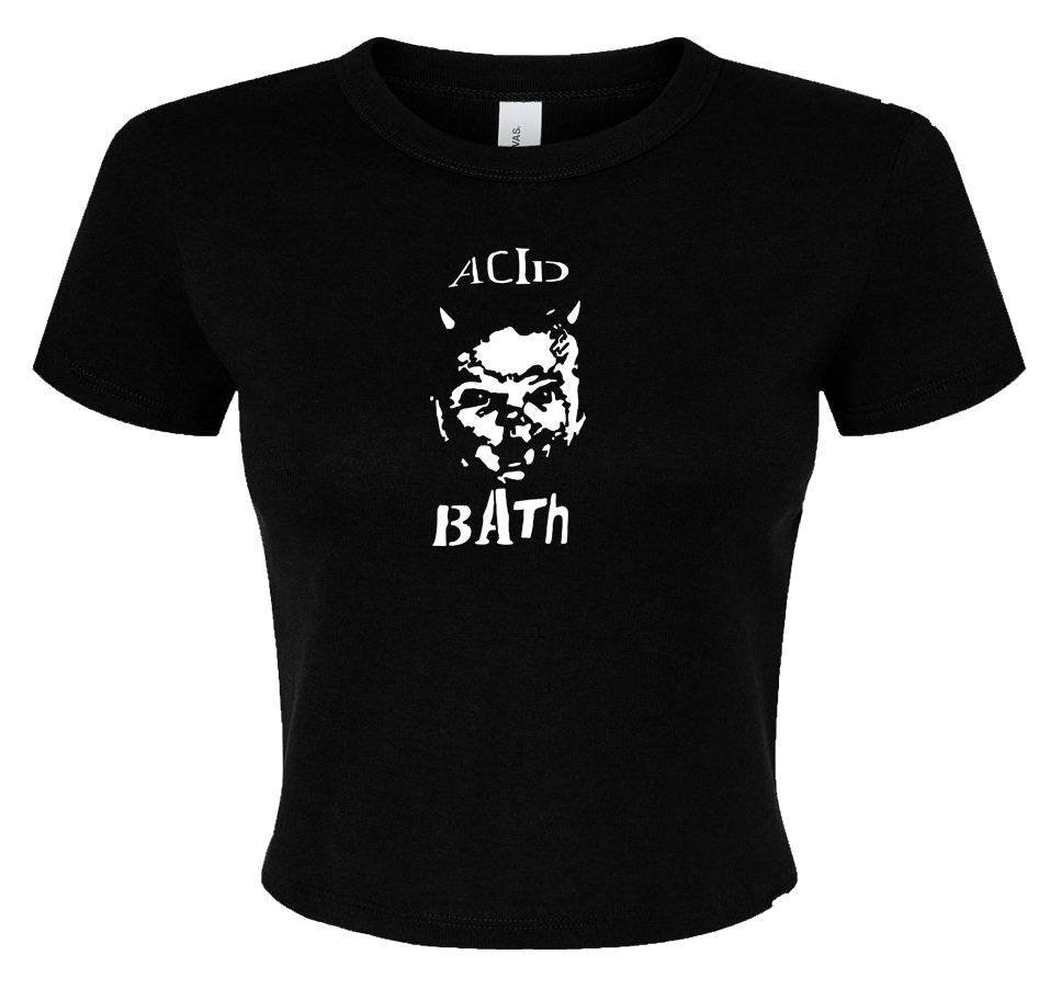 A black t-shirt with a white graphic design on it. The design features a face with horns and the text "ACID BATH" below it.