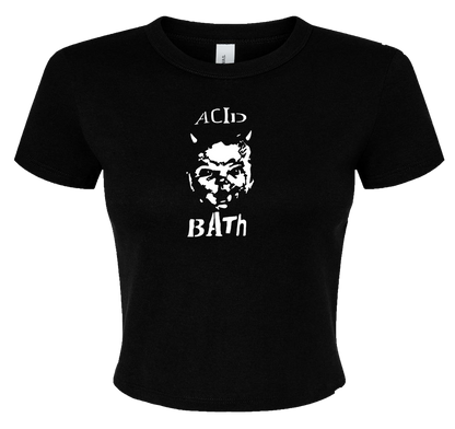 A black t-shirt with a white graphic design on it. The design features a face with horns and the text "ACID BATH" below it.