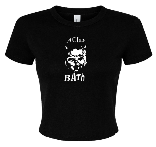 A black t-shirt with a white graphic design on it. The design features a face with horns and the text "ACID BATH" below it.
