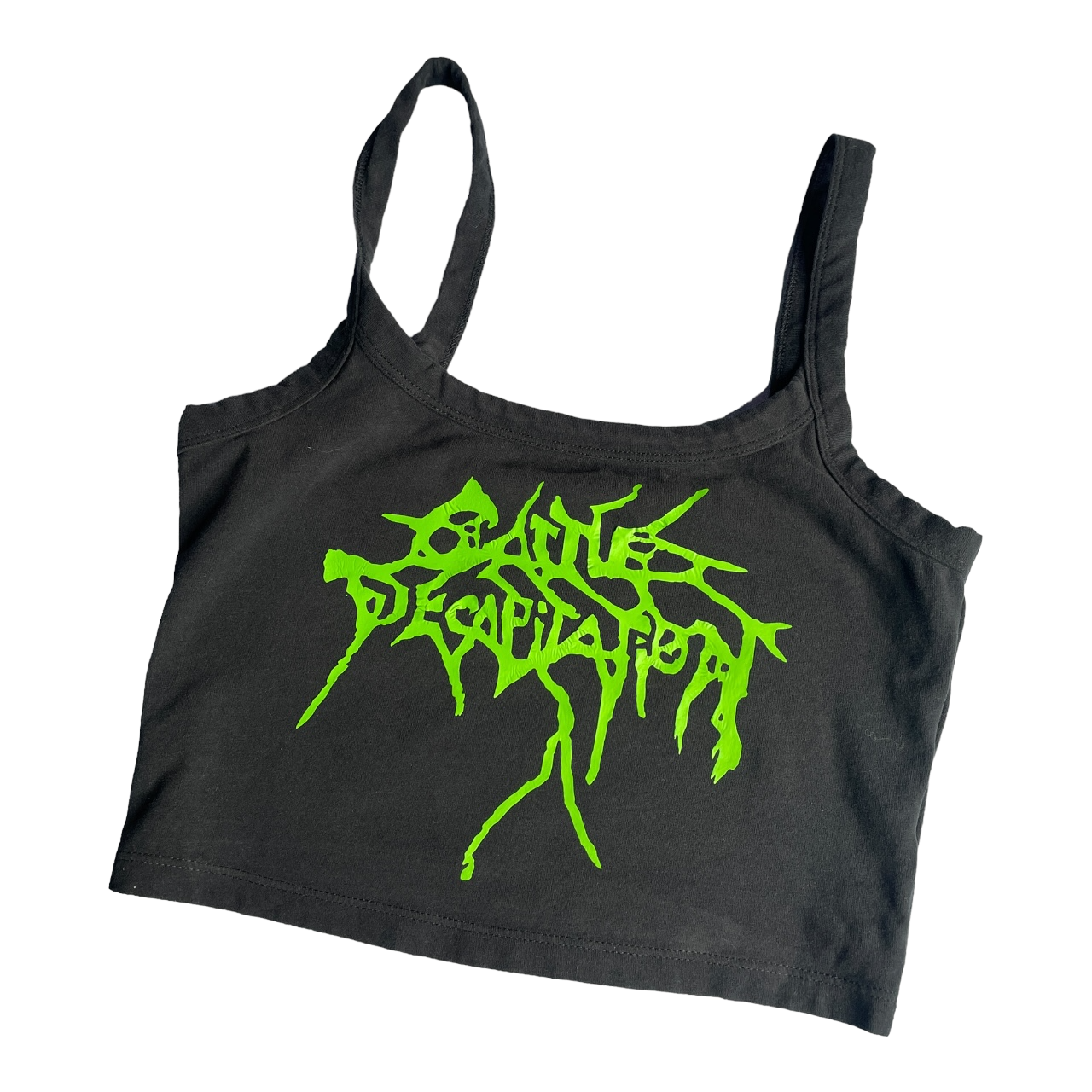 a black crop top with green graffiti on it