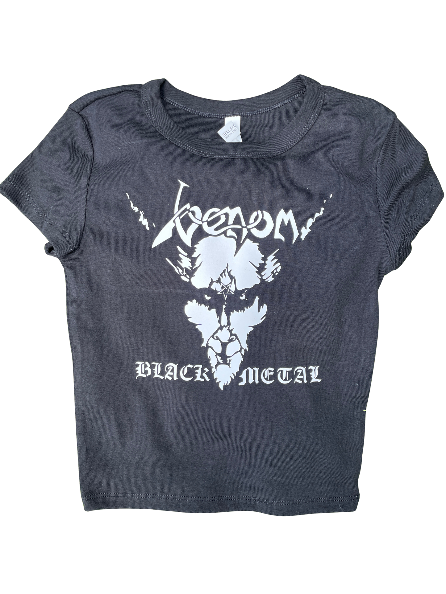 A gray t-shirt with a white graphic design featuring a stylized skull or face with horns and a mustache, along with the text "Viper" and "BLACK METAL" printed on it.