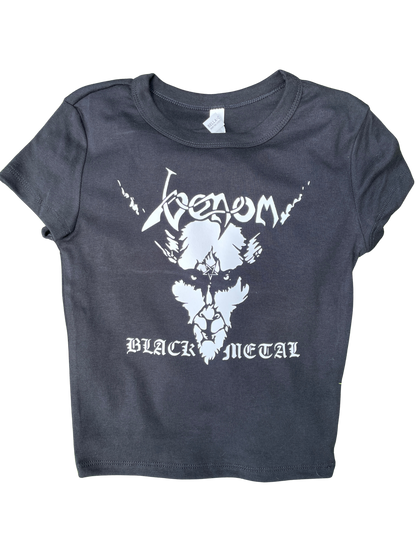 A gray t-shirt with a white graphic design featuring a stylized skull or face with horns and a mustache, along with the text "Viper" and "BLACK METAL" printed on it.