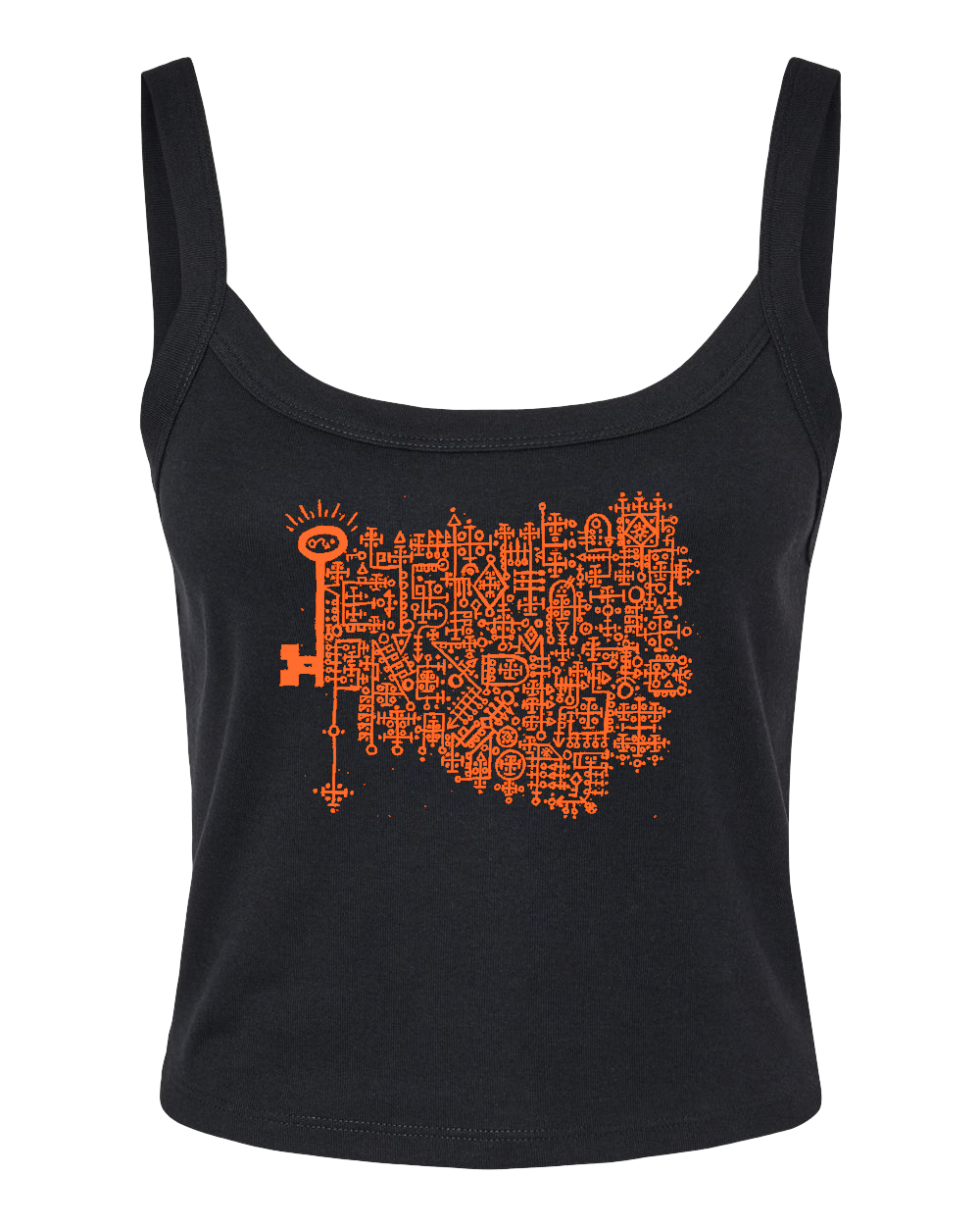 Black tank top with the Keys to the Astral Gates and Mystic Doors logo in bold orange ink.