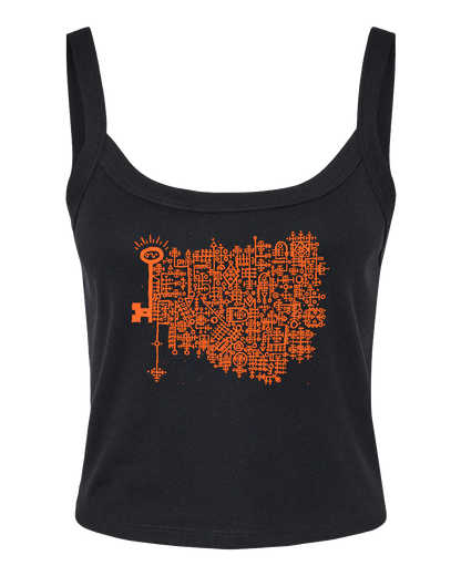 Black tank top with the Keys to the Astral Gates and Mystic Doors logo in bold orange ink.
