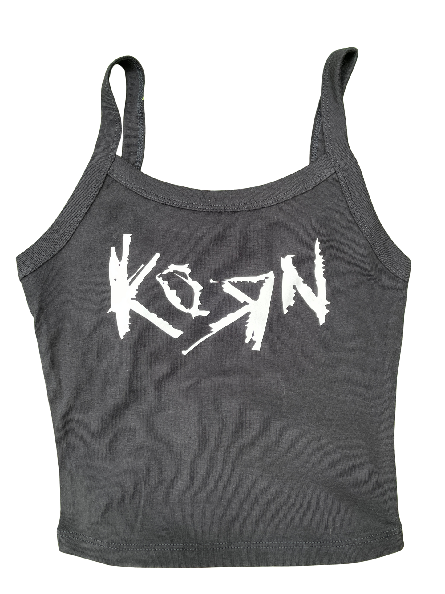 A gray tank top with the word "KORN" printed in white text across the front.