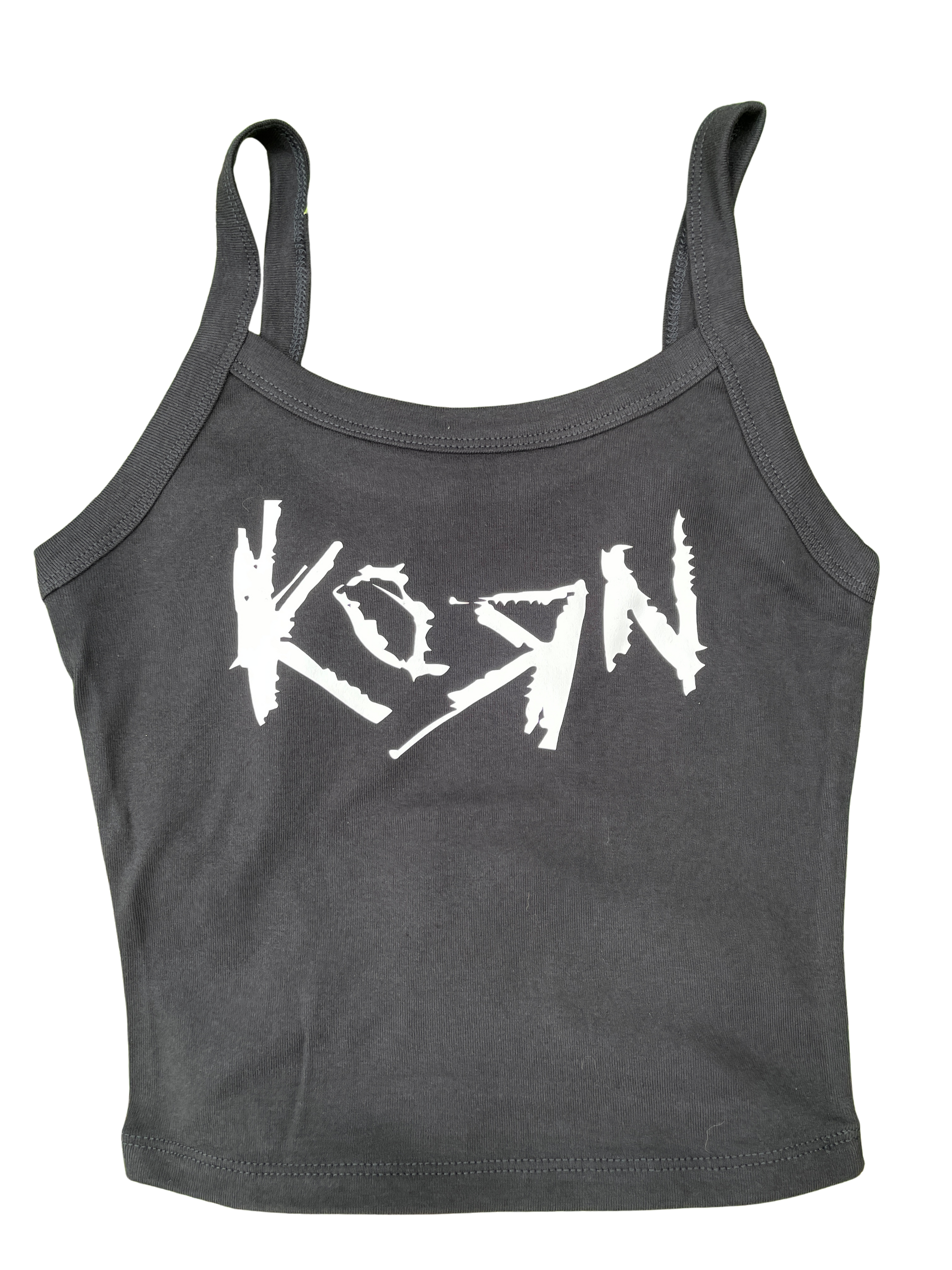 A gray tank top with the word "KORN" printed in white text across the front.