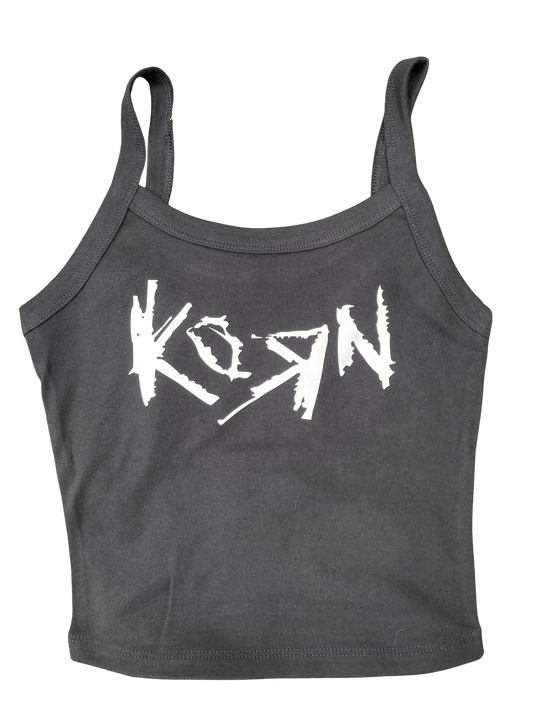 A gray tank top with the word "KORN" printed in white text across the front.