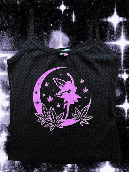 A black tank top with a graphic design featuring a fairy-like figure on a crescent moon, surrounded by leaves and stars.
