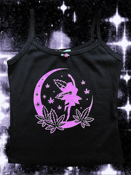 A black tank top with a graphic design featuring a fairy-like figure on a crescent moon, surrounded by leaves and stars.