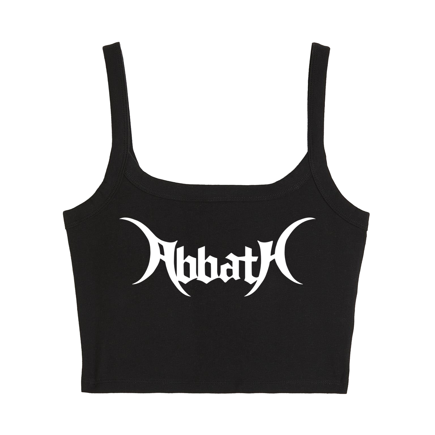 a black crop top with the word abbat on it