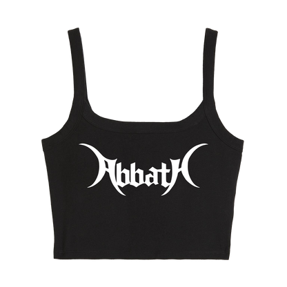 a black crop top with the word abbat on it