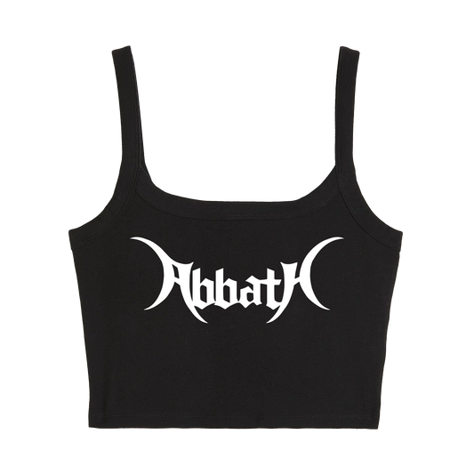 a black crop top with the word abbat on it