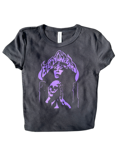 The image is a gray t-shirt with a graphic design featuring a skull and flames.