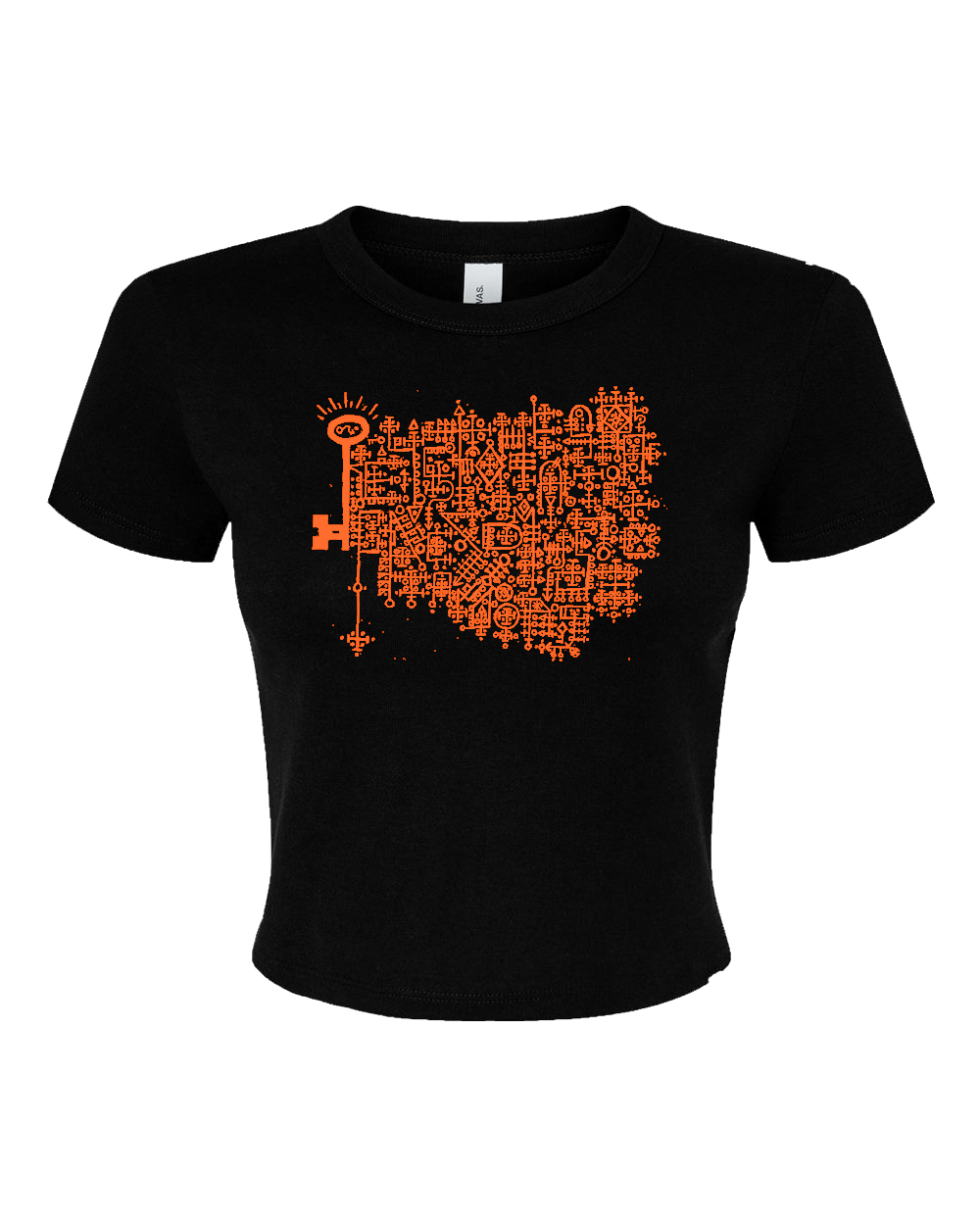 Black baby tee with the Keys to the Astral Gates and Mystic Doors logo in bold orange ink.