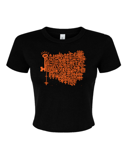 Black baby tee with the Keys to the Astral Gates and Mystic Doors logo in bold orange ink.