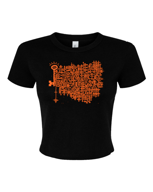 Black baby tee with the Keys to the Astral Gates and Mystic Doors logo in bold orange ink.