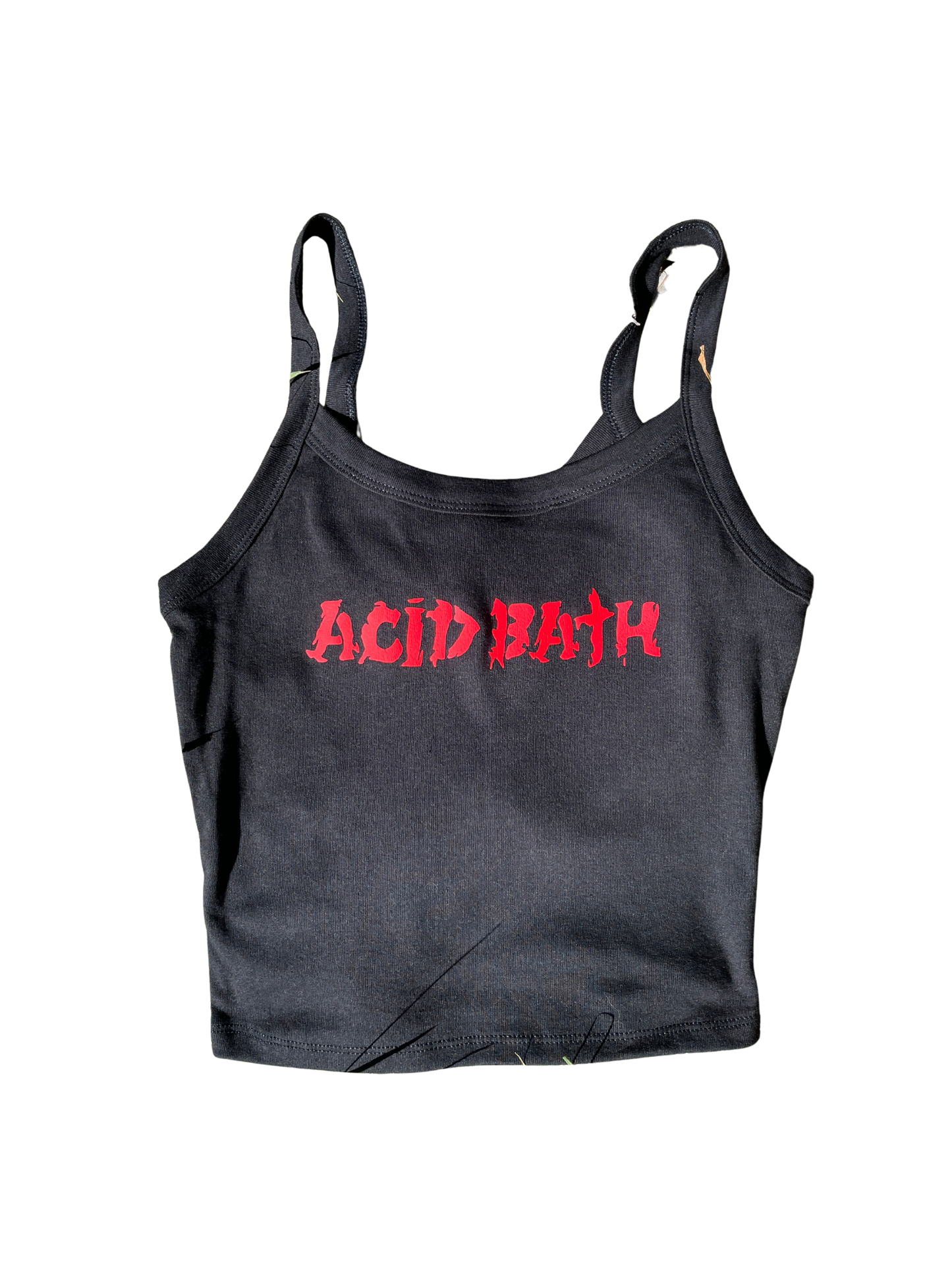 A black tank top with the text " Acid Bath" printed in red on it.