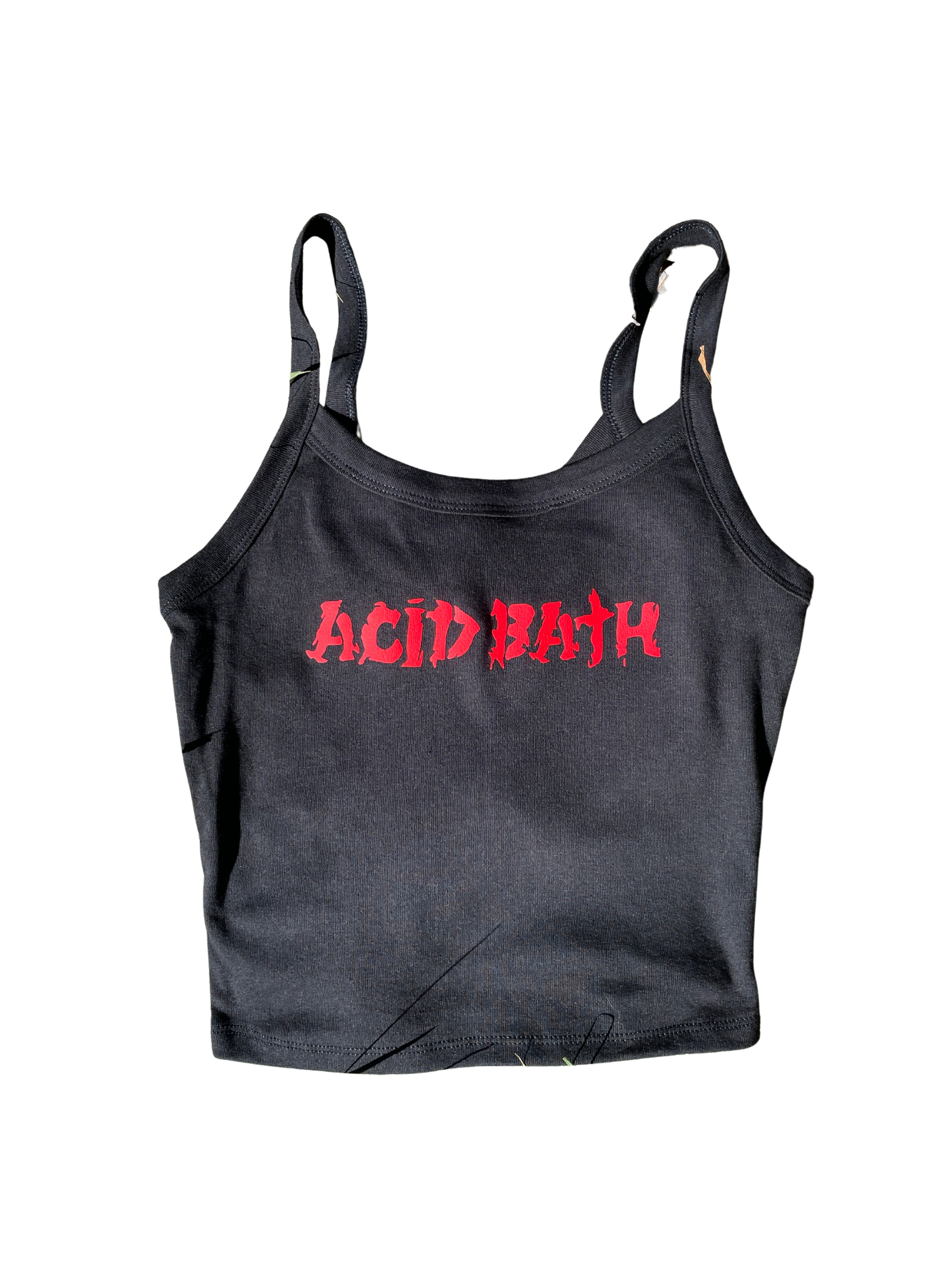 A black tank top with the text " Acid Bath" printed in red on it.