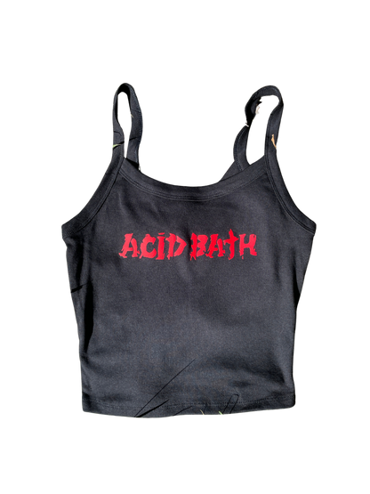 A black tank top with the text " Acid Bath" printed in red on it.