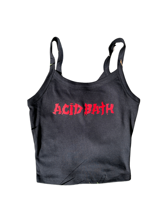 A black tank top with the text " Acid Bath" printed in red on it.