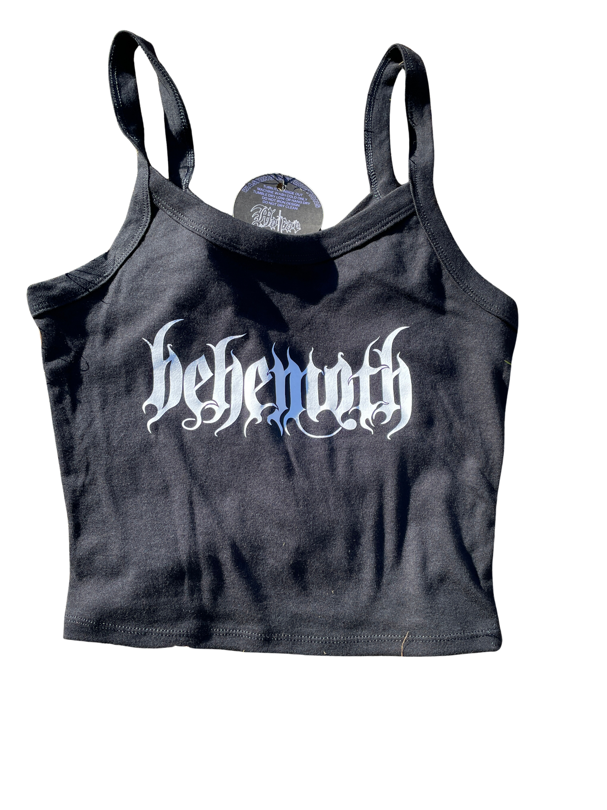 A black tank top with the word "behemoths" printed in white text on it.