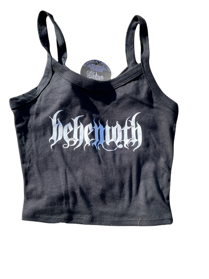A black tank top with the word "behemoths" printed in white text on it.