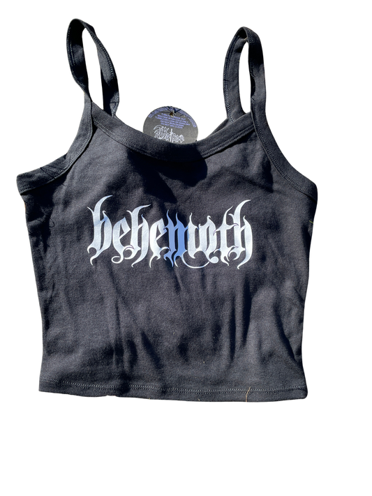 A black tank top with the word "behemoths" printed in white text on it.