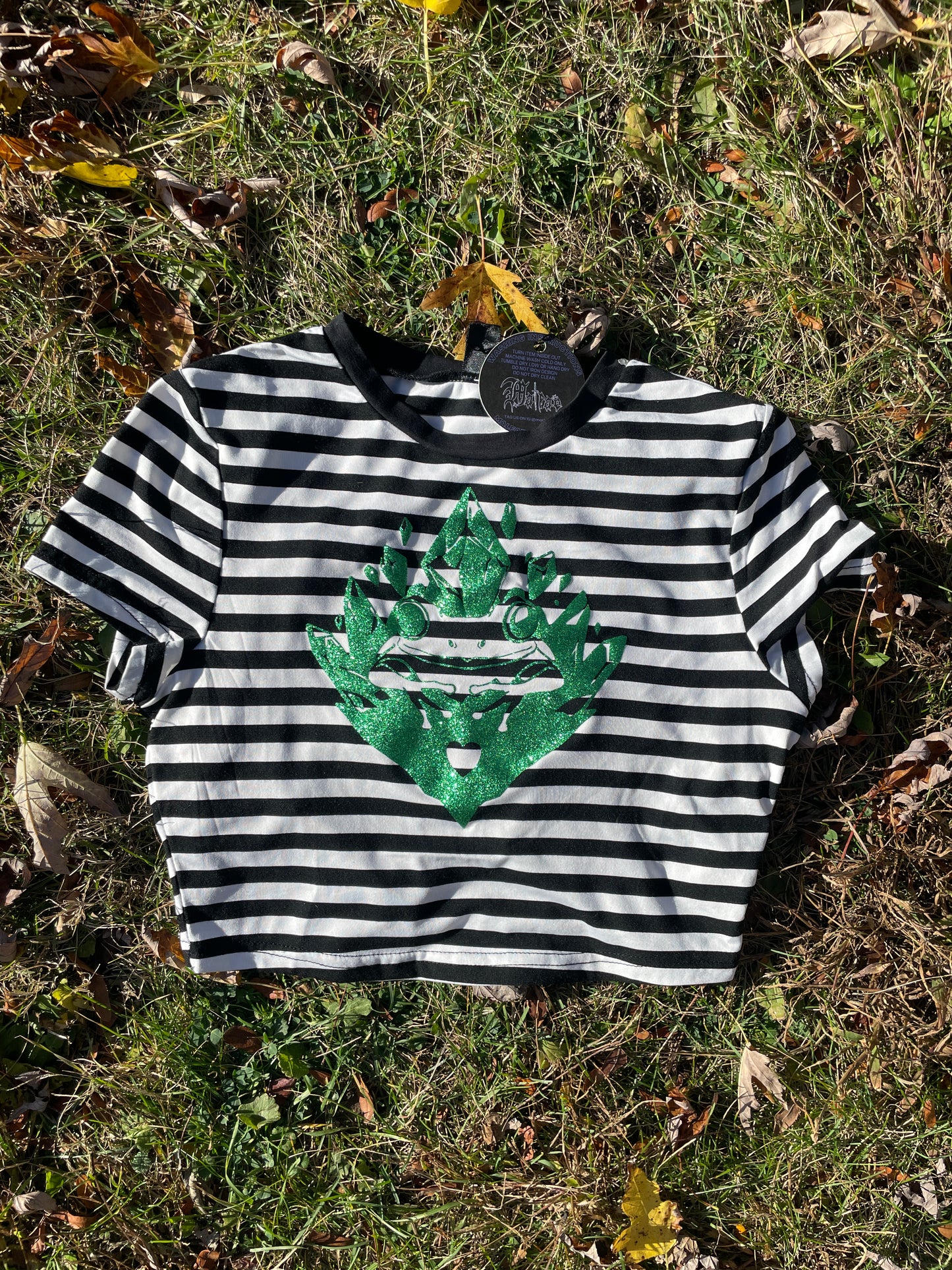 a black and white striped shirt laying on top of grass