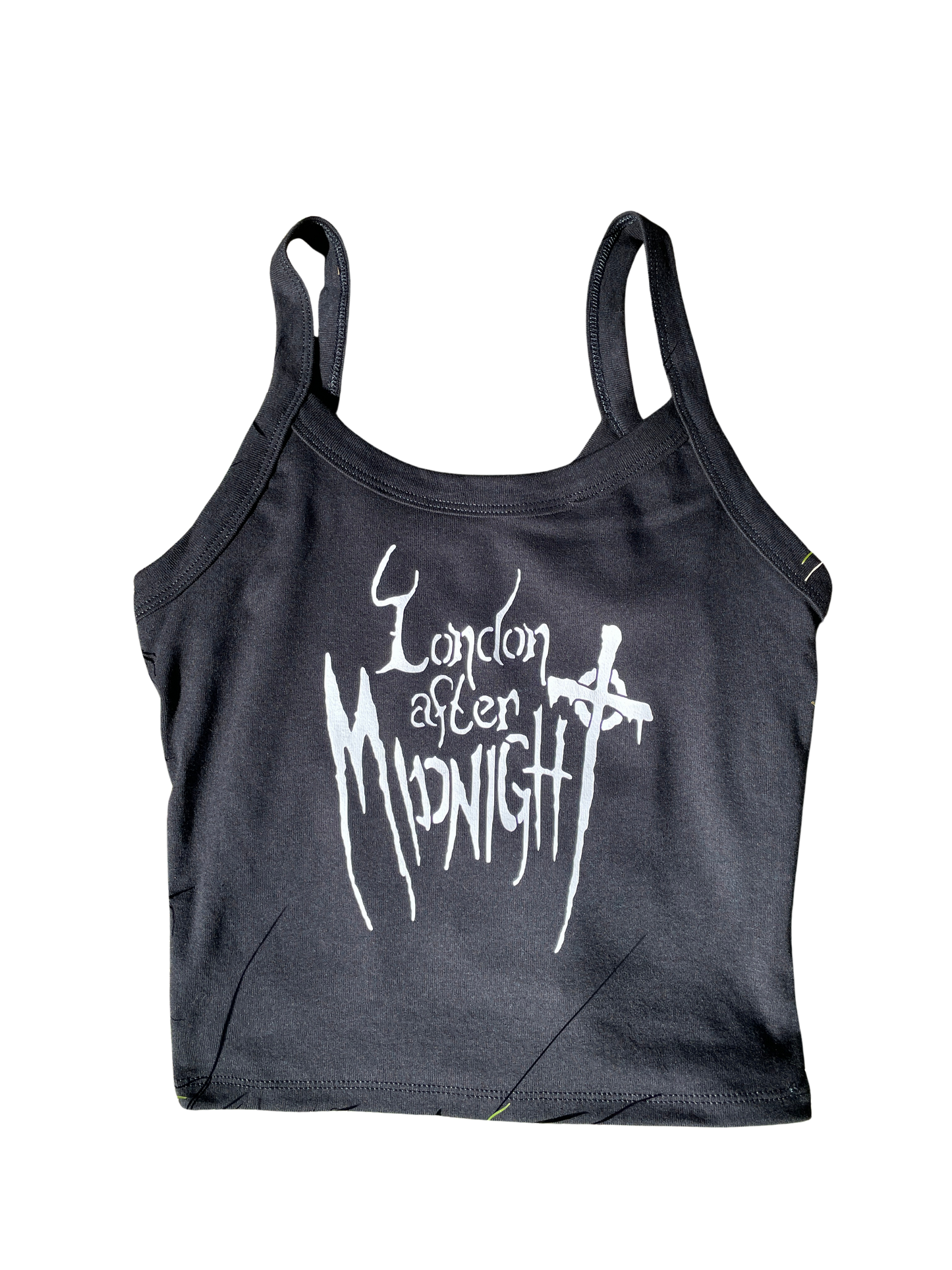 A black tank top with white text printed on it.