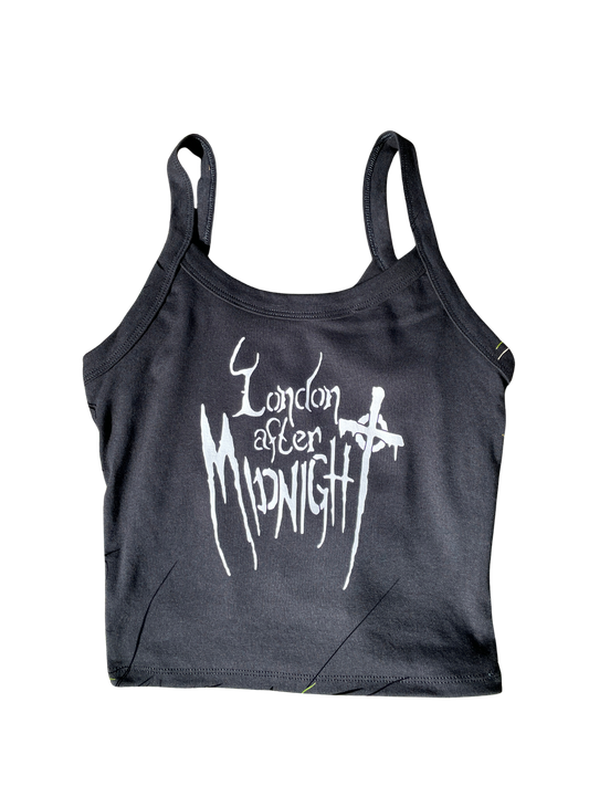 A black tank top with white text printed on it.