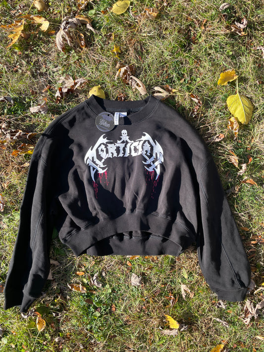 A black sweatshirt with a white and red graphic design lies on the ground, surrounded by fallen leaves.