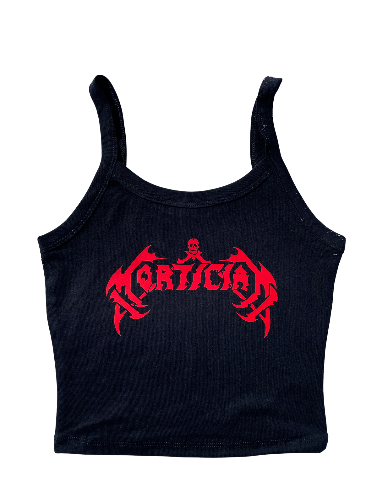 A black tank top with a red graphic design featuring the word "ORTICIAN" in stylized text.