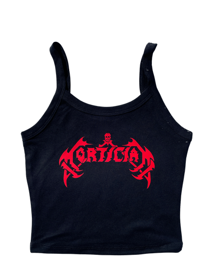 A black tank top with a red graphic design featuring the word "ORTICIAN" in stylized text.