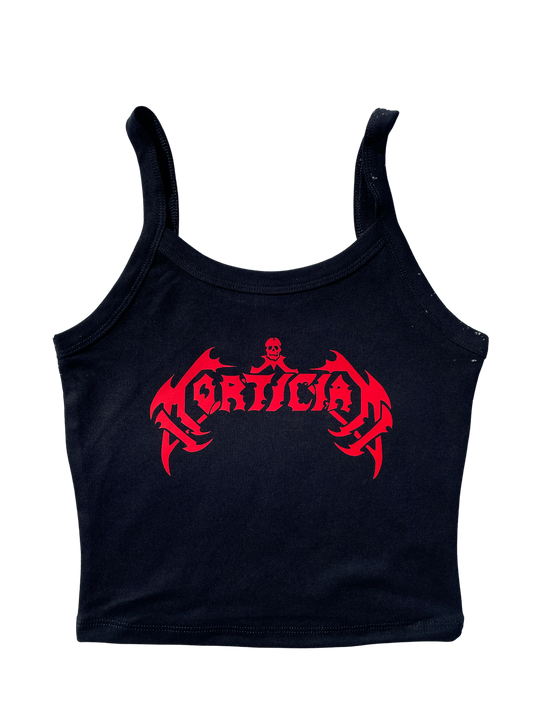 A black tank top with a red graphic design featuring the word "ORTICIAN" in stylized text.