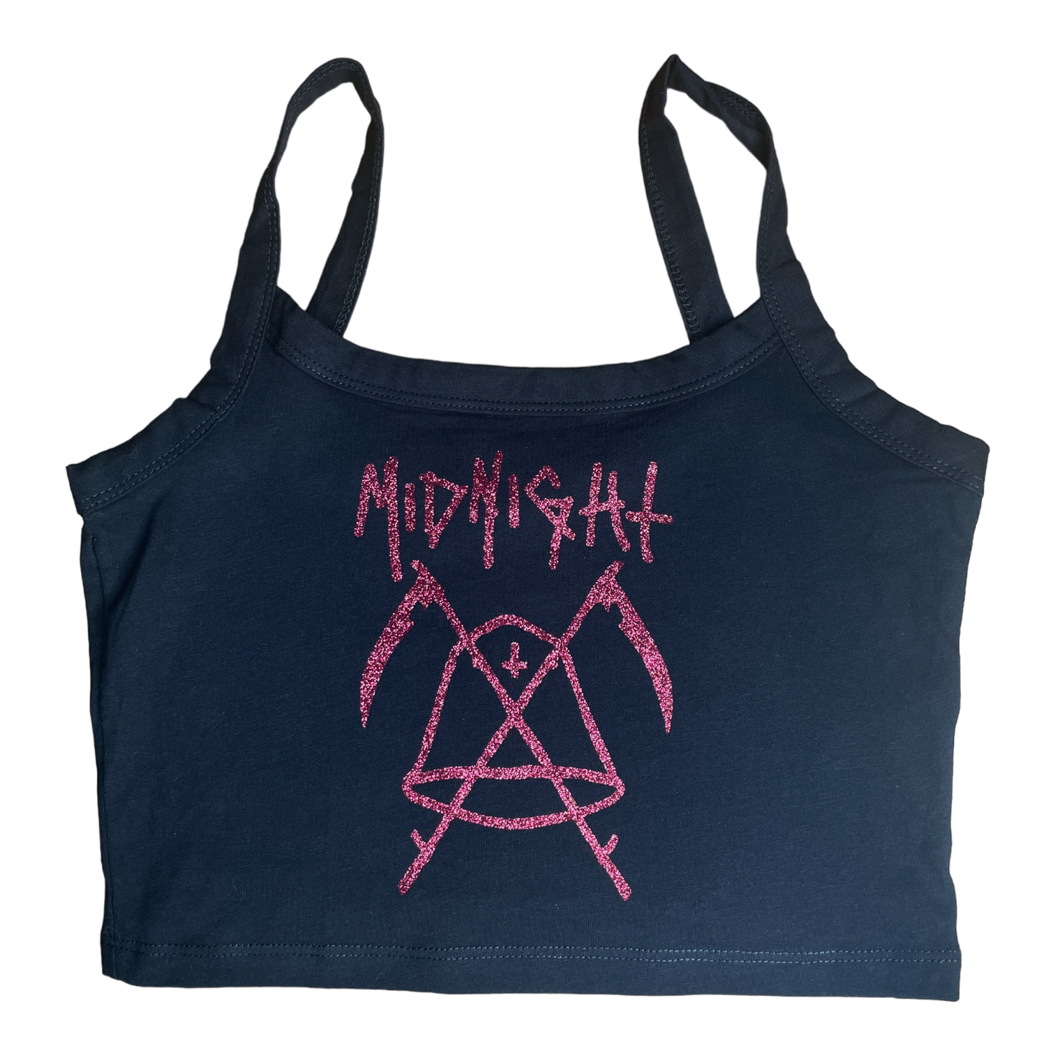 a black crop top with pink writing on it