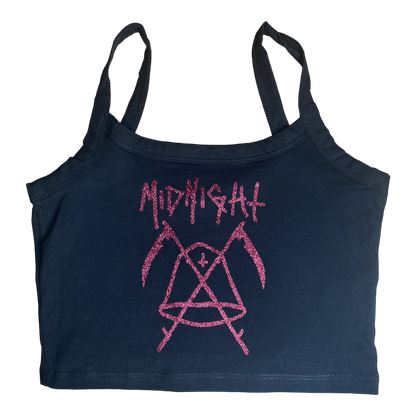 a black crop top with pink writing on it