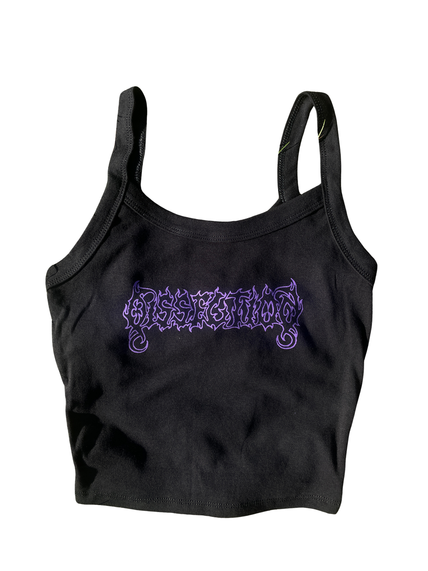 A black crop top with a purple graphic design on it.