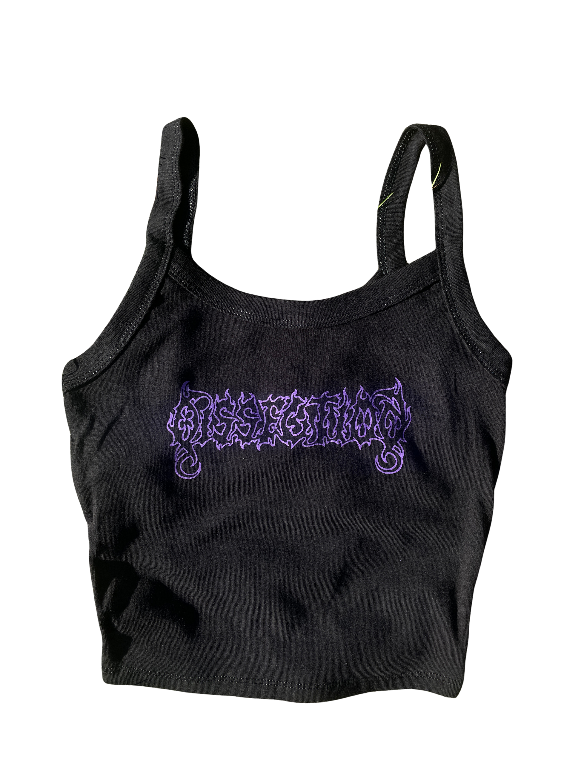 A black crop top with a purple graphic design on it.