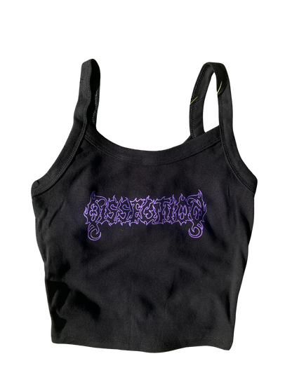 A black crop top with a purple graphic design on it.