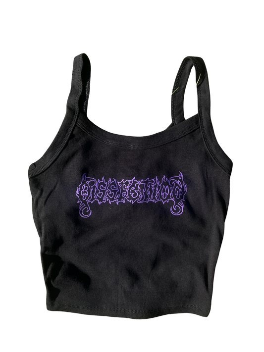 A black crop top with a purple graphic design on it.