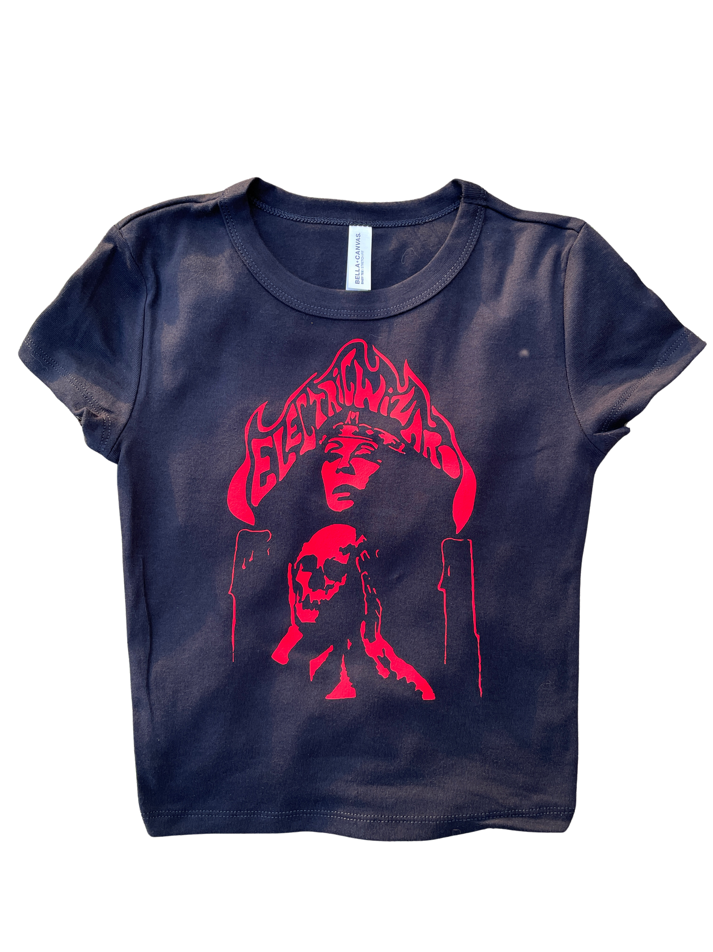 A dark blue t-shirt with a graphic design featuring a stylized face and flames.