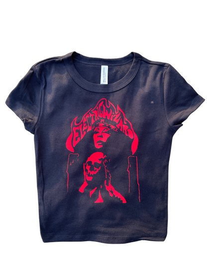 A dark blue t-shirt with a graphic design featuring a stylized face and flames.