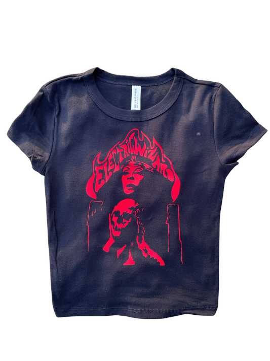 A dark blue t-shirt with a graphic design featuring a stylized face and flames.