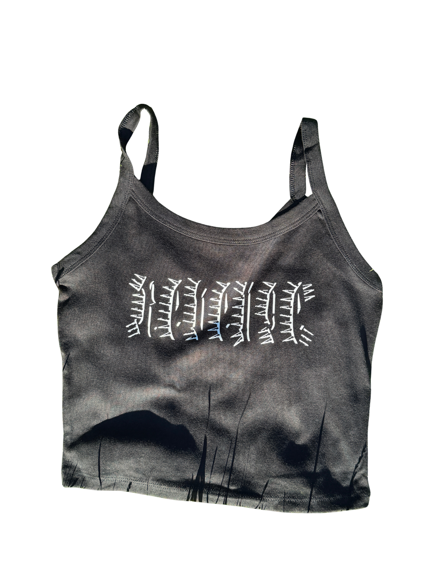 a gray tank top with white text printed on it.