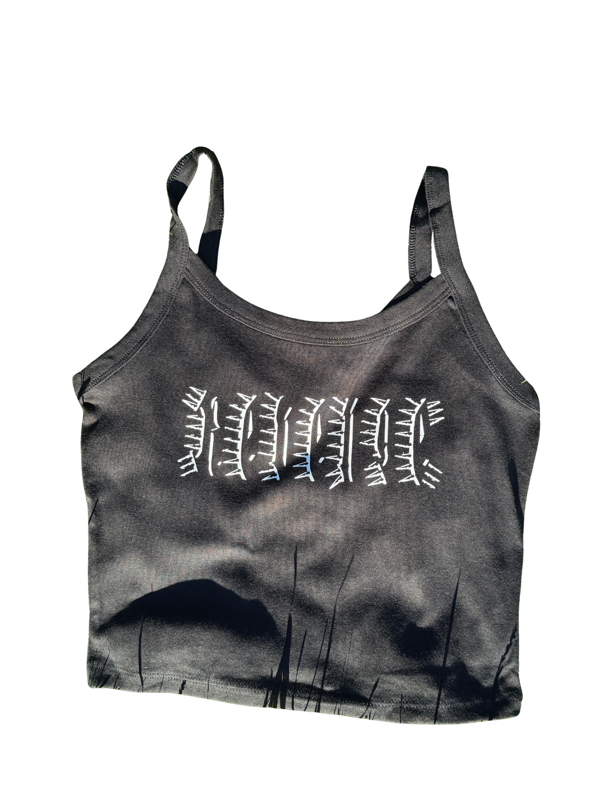 a gray tank top with white text printed on it.
