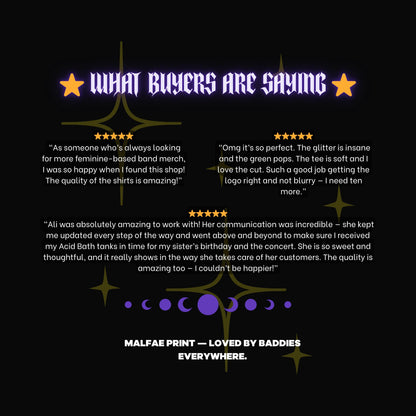 The image is a collage of three images featuring a starry background with text and stars. The text includes positive feedback from customers about the quality of the shirts and the communication between the seller and the customer.