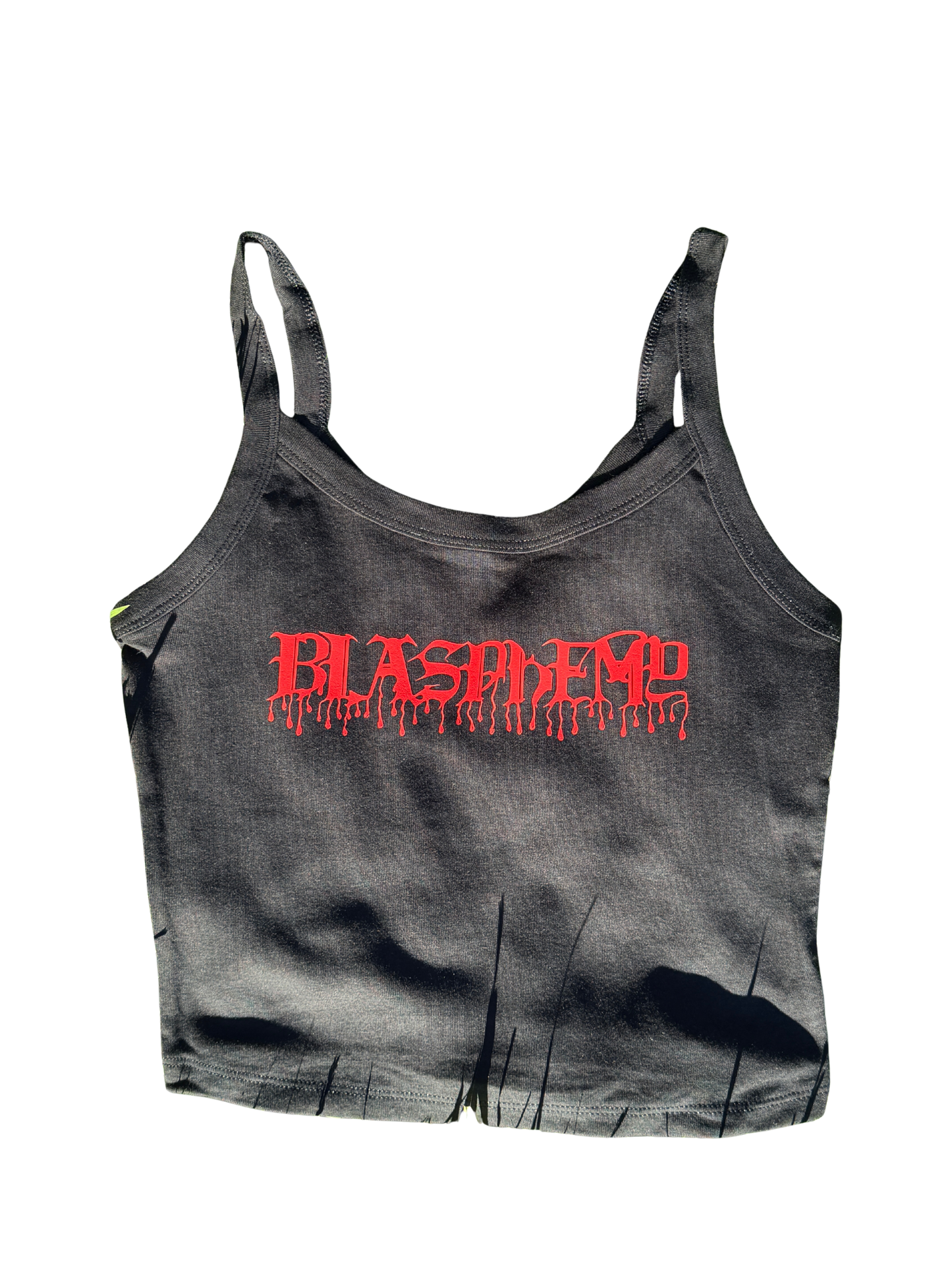 A gray tank top with the word "BLASPEME" printed in red text across the front.