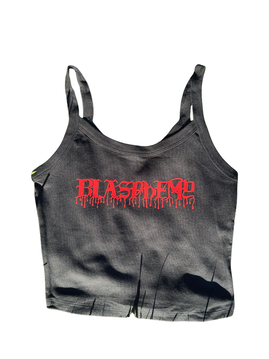 A gray tank top with the word "BLASPEME" printed in red text across the front.